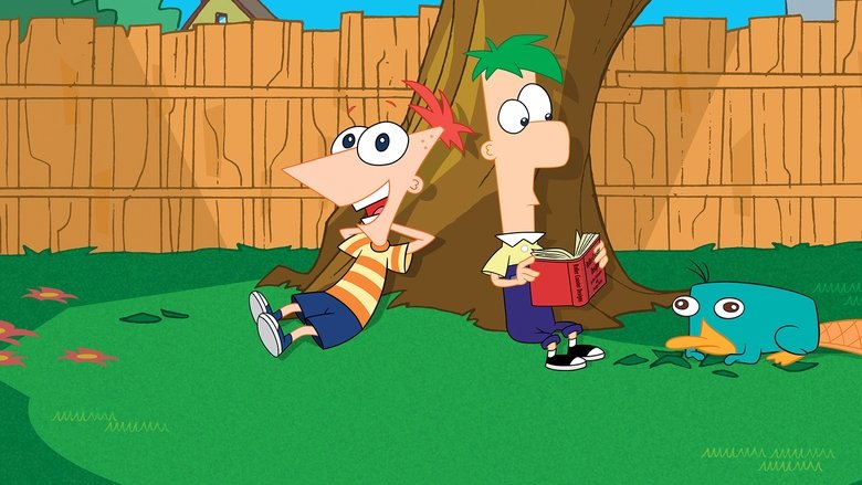 Phineas and Ferb sitting on a lawn, conceptualizing their day with their blueprints.