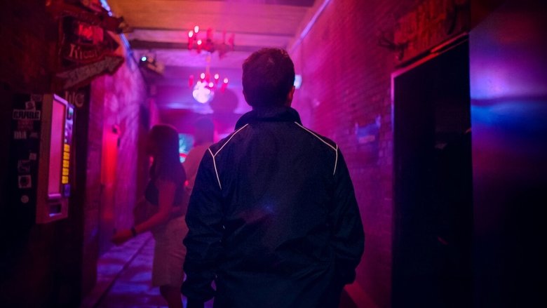 A dimly lit Berlin street at night, neon signs flickering in the background
