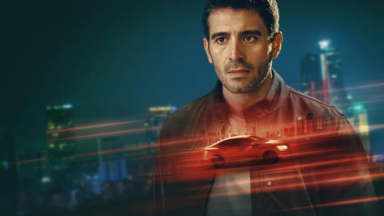 A dimly lit alleyway, rain-slicked pavement reflecting the neon glow of a distant sign. Asaf stands in the shadows, his face half-hidden, the weight of the moment pressing down on his shoulders.