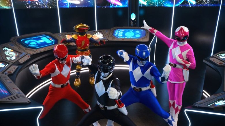 The Rangers stand in a circle, their helmets off, faces half-lit by the glow of the Morphing Grid—a moment of quiet before the storm.