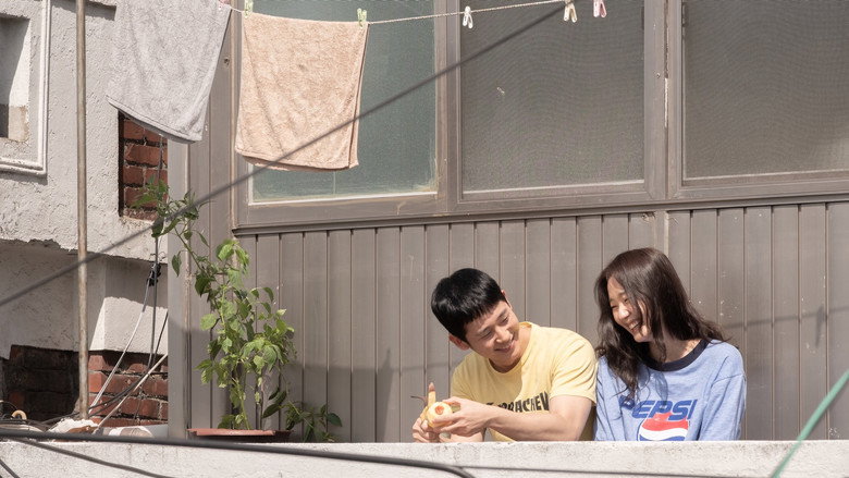 A dimly lit bakery counter, where Mi-soo and Hyun-woo first meet, their faces half in shadow as they exchange hesitant smiles.