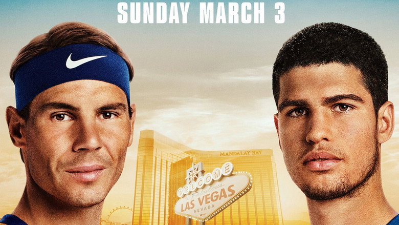 Nadal and Alcaraz mid-rally, their shadows stretching long under the Vegas lights, the ball suspended between them.