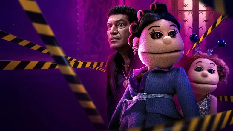 A neon-lit alleyway, shadows stretching long, with a puppet's silhouette looming against a flickering streetlamp
