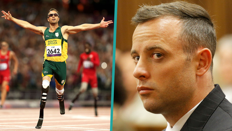 Oscar Pistorius in his racing blades, mid-stride on a track, the sun casting long shadows
