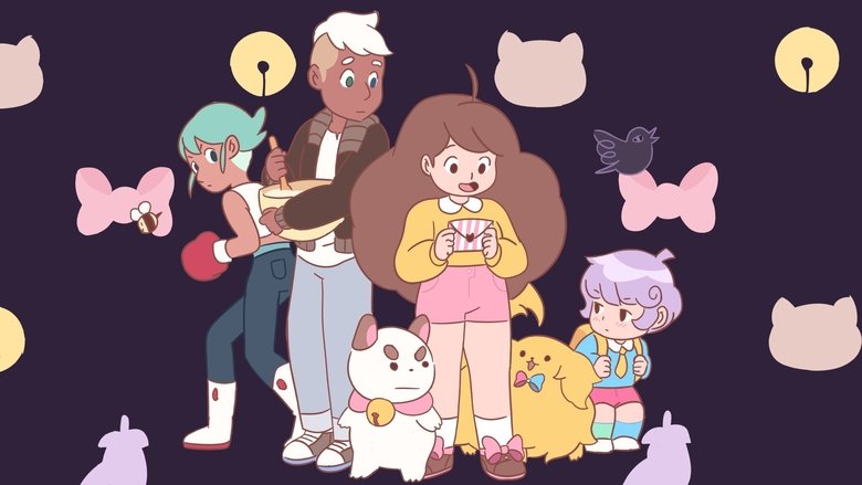 Bee and PuppyCat standing in a pastel void, surrounded by floating cosmic debris