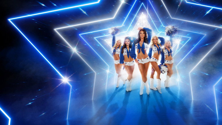 A line of Dallas Cowboys Cheerleaders in full uniform, mid-dance, their faces set in identical, radiant smiles