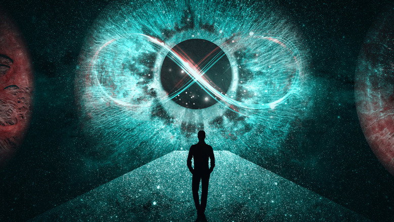 A swirling cosmic vortex of stars and light, illustrating the vastness of infinity as discussed by the physicists in the film.