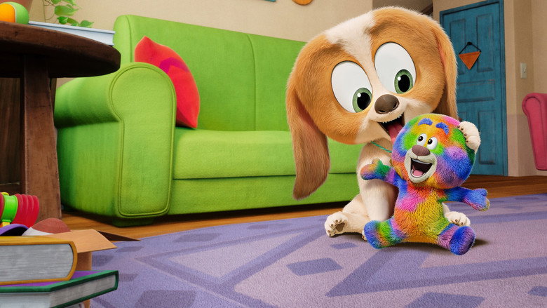 Holm the beagle mid-leap, his plush bear Button clutched in his jaws, as the other dogs scatter in playful chaos