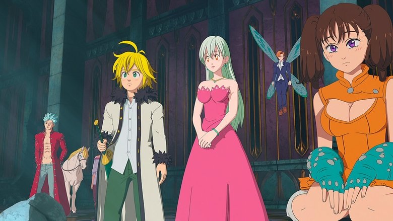 Tristan and Lancelot standing in a ruined cathedral, Tristan's demonic markings glowing faintly under the dim light.
