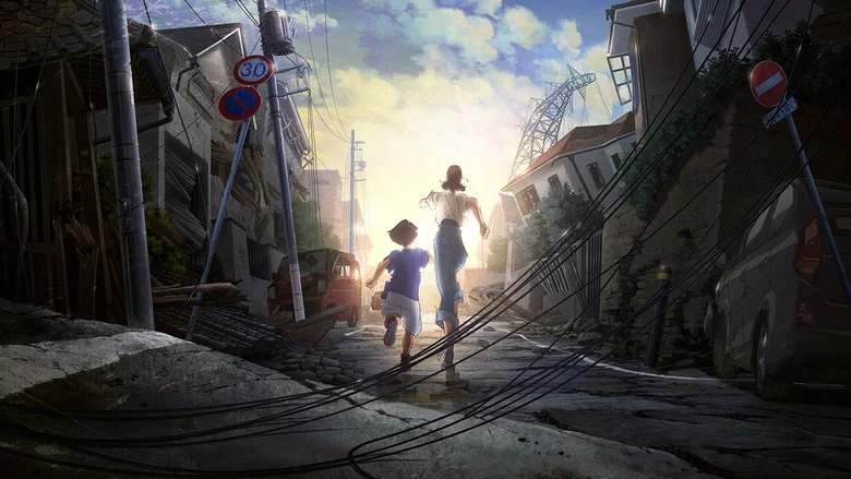 A family huddles in the ruins of a subway station, their faces lit by the dim glow of a phone screen