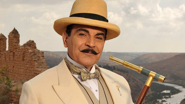 Poirot inspecting a clue with extreme precision
