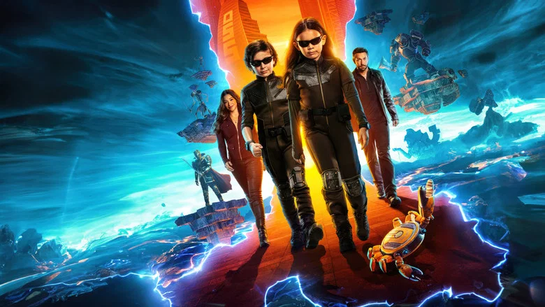 A family of four in matching spy suits, standing in a high-tech control room with glowing screens and holograms surrounding them