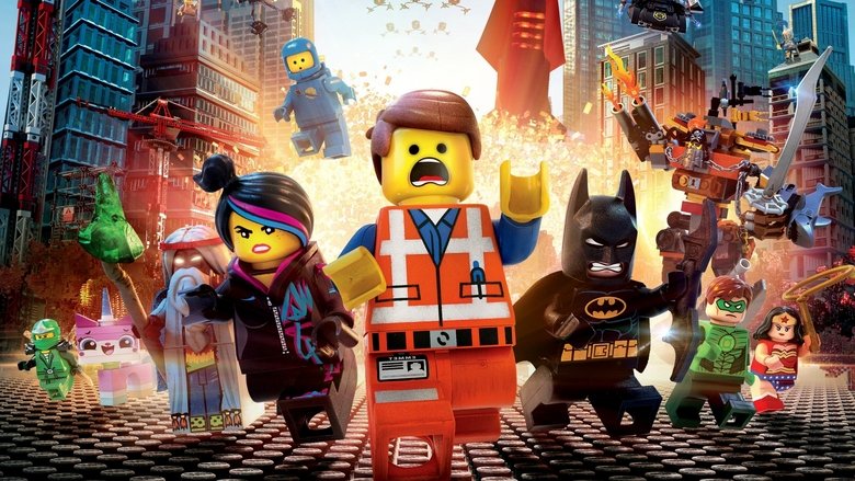A chaotic Lego cityscape, with Emmet Brickowski standing small and alone in the center, surrounded by towering structures and flying vehicles.