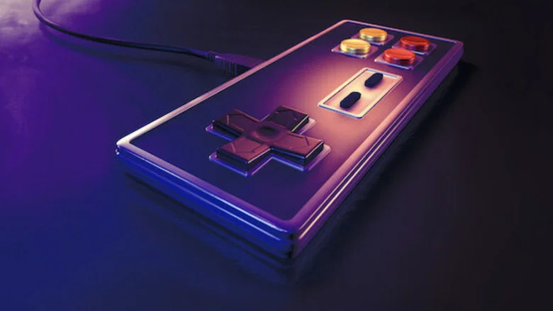 A pixelated arcade cabinet glows in a darkened room, its screen a blur of neon colors