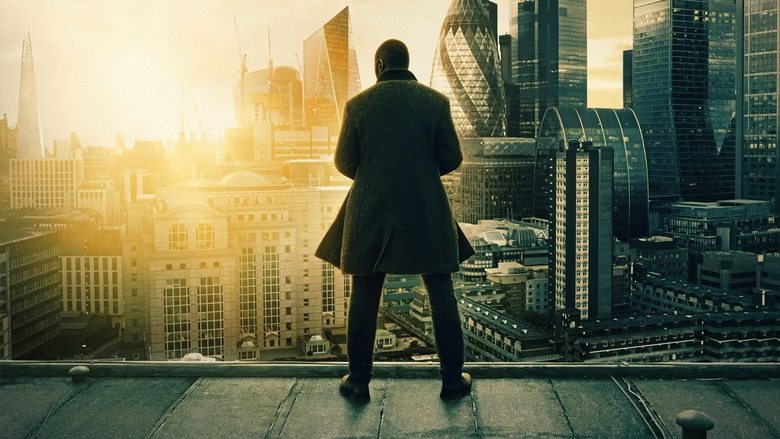 Luther stands in a dimly lit alley, his coat damp with rain, the glow of a streetlamp casting long shadows across his face.