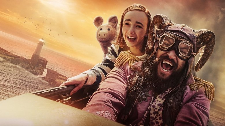 A young girl and a larger-than-life outlaw stand on a floating platform, surrounded by swirling dreamlike landscapes