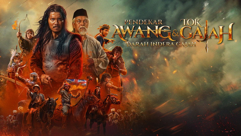 A misty jungle clearing where warriors in traditional Malay attire stand in a loose formation, their faces half-lit by torchlight, the camera lingering just long enough to make the stillness feel ominous.