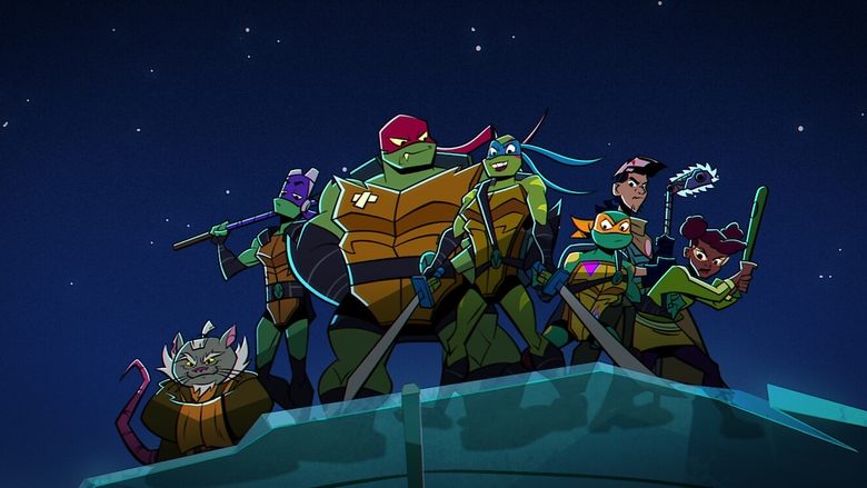 The Turtles mid-battle, their weapons clashing against a neon-lit cityscape