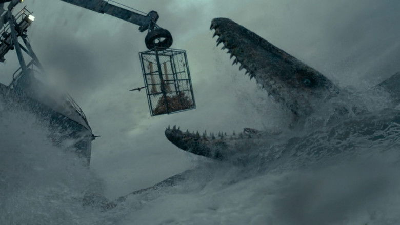 A massive Therizinosaurus confronting a character in a dark forest