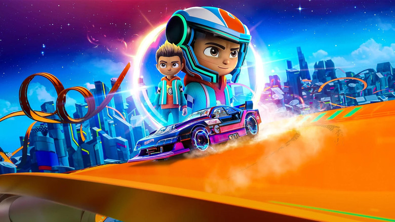 A neon-lit race track curves sharply as two Hot Wheels cars speed toward a glowing loop, their headlights cutting through the electric blue and pink haze.
