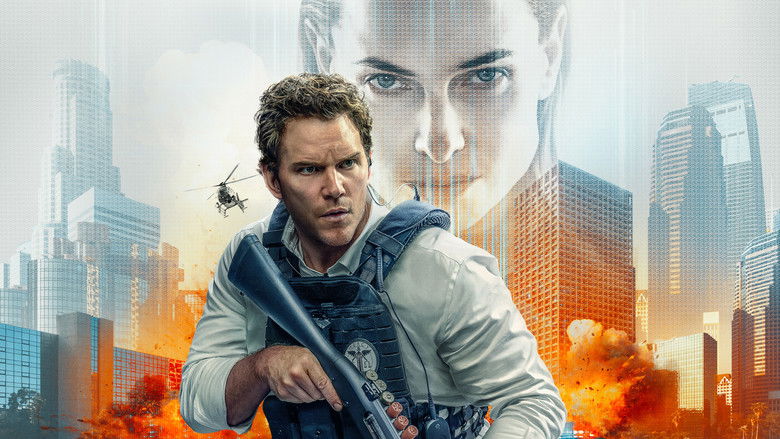 A futuristic execution chair illuminated by glowing data screens