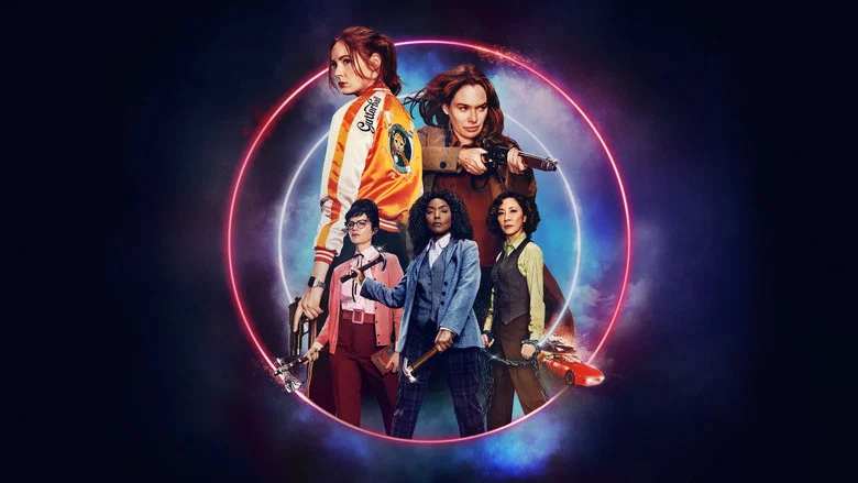A neon-lit library, shelves of books bathed in pink and blue light, with Karen Gillan standing in the center, gun drawn, as if waiting for the next fight to begin