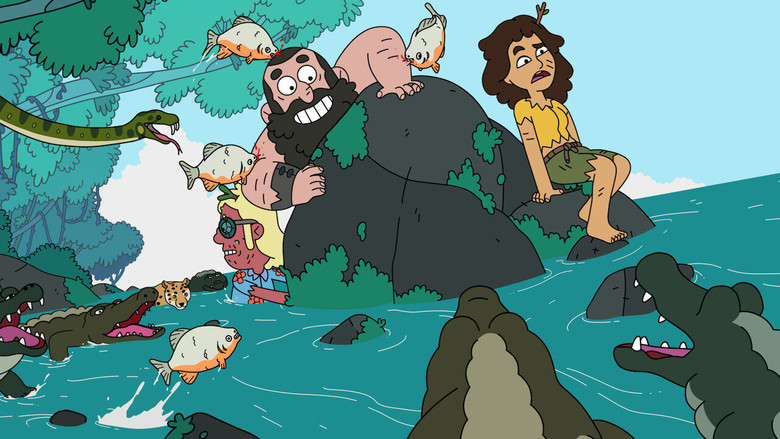 A zoologist and his niece stand in a lush, cartoonish jungle, surrounded by oversized, anthropomorphic animals