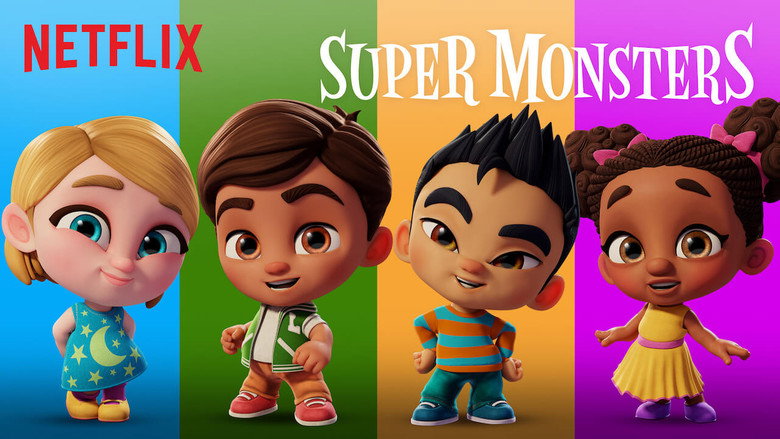 A group of young monsters in colorful outfits stand together, their expressions a mix of curiosity and warmth, as they welcome a new friend to their school.