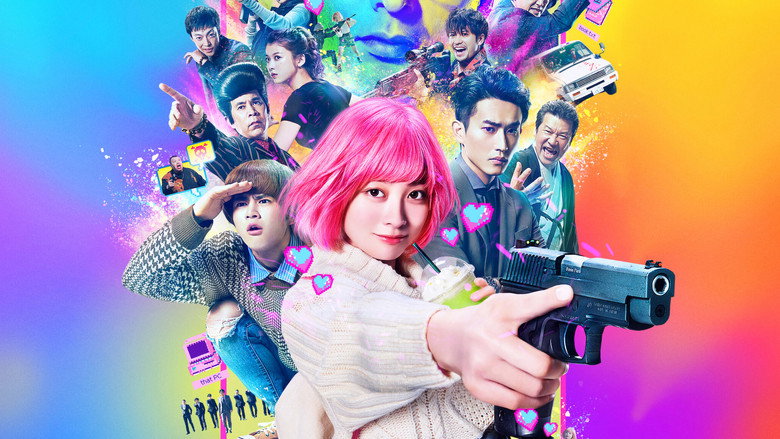 A dimly lit alleyway, neon signs reflecting off wet pavement, where Kei Kikuno stands poised with a weapon, her school uniform half-hidden under a dark jacket.