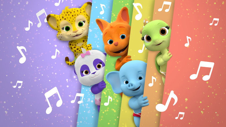 A vibrant group of animated baby animals—Bailey, Franny, Kip, Lulu, and Tilly—dance in a sunlit room, their tiny paws raised mid-motion, eyes wide with unselfconscious delight.