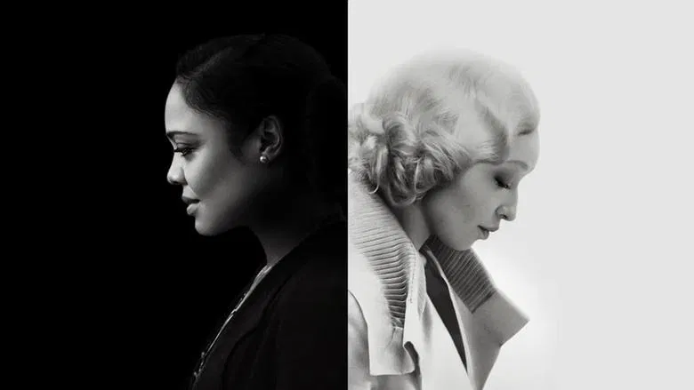 Two women sit at a table in a dimly lit hotel tearoom, their faces half in shadow, the tension between them palpable.