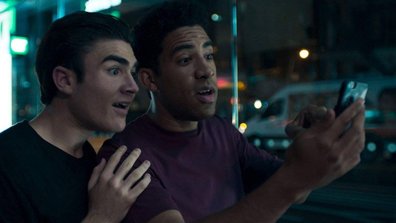 The protagonist, Owen, stands in the doorway of a dimly lit, crowded party, the neon glow of the city reflecting in his wide eyes.
