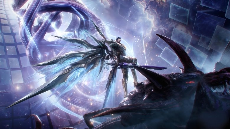 A crumbling, post-apocalyptic cityscape with advanced technology integrated into the ruins.