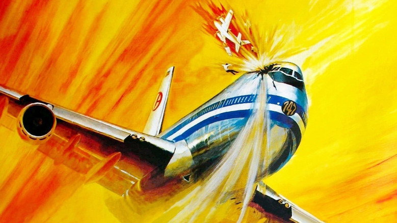 The cockpit door hangs open, smoke curling through the frame as Karen Black’s stewardess grips the controls, her face lit by the glow of failing instruments.