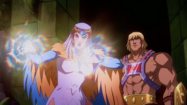 A dimly lit panel discussion, the cast of *Masters of the Universe: Revelation* gathered around a table, their expressions a mix of amusement and exhaustion.