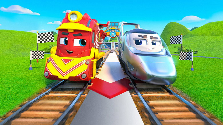 A group of brightly colored trains lined up on a track, their faces animated with expressions of excitement and determination.