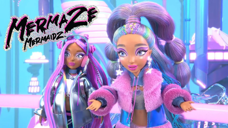 Five mermaids in vibrant, color-shifting outfits swim through a glowing underwater city, their expressions a mix of determination and wonder.