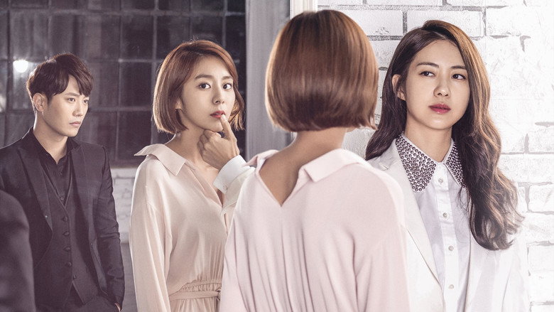 A dimly lit corporate office, where a woman in a sharp blazer stands by a window, her reflection fractured by the city lights outside