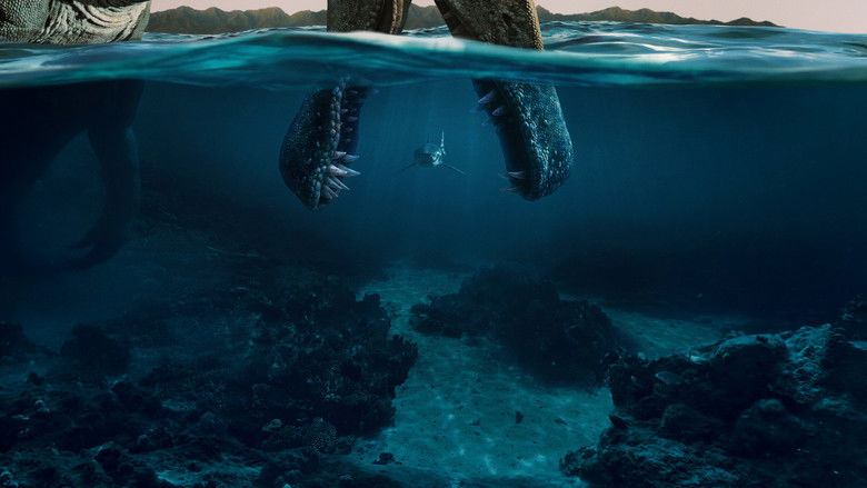 A prehistoric landscape bathed in golden light with a herd of dinosaurs in the distance