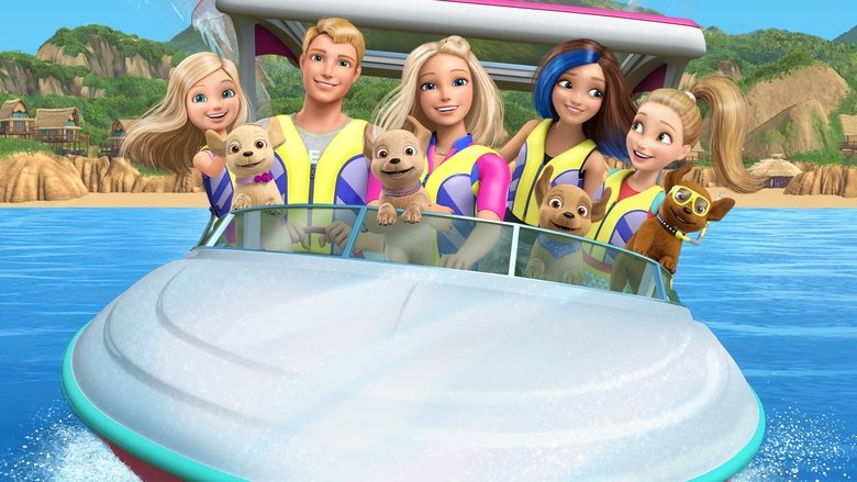 Barbie and her sisters standing on a dock, looking out at a sparkling ocean under a pastel sunset