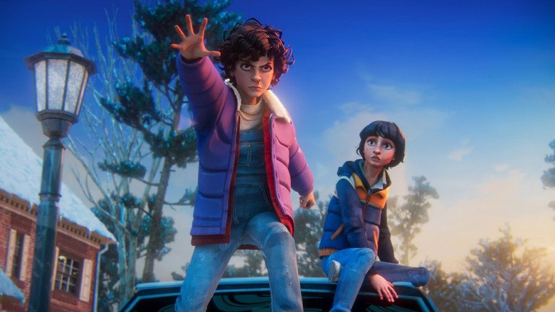 The group of friends huddled together in the woods, their silhouettes barely visible against a purple, swirling portal