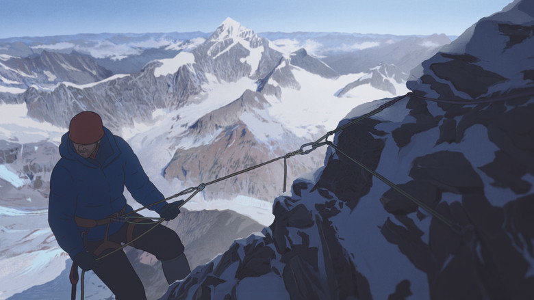 A climber's silhouette against a vast, snow-covered mountain range, the sky a gradient of cold blues and grays.