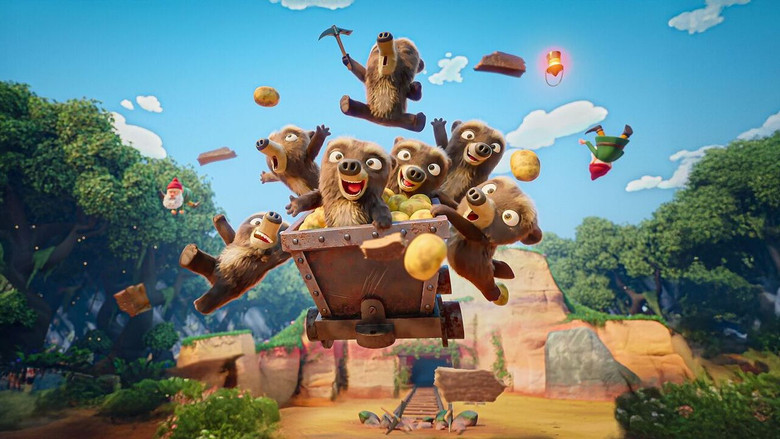 The seven bears tumble into Snow White’s cottage, sending apples and dwarves flying in a chaotic, colorful heap.
