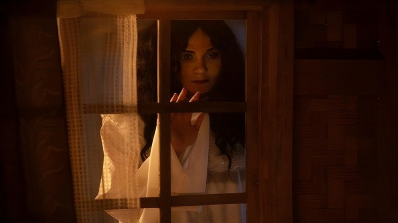 A dimly lit room where Suzzanna, her face half-shadowed, stares at her own reflection in a broken mirror, her expression a mix of sorrow and fury.