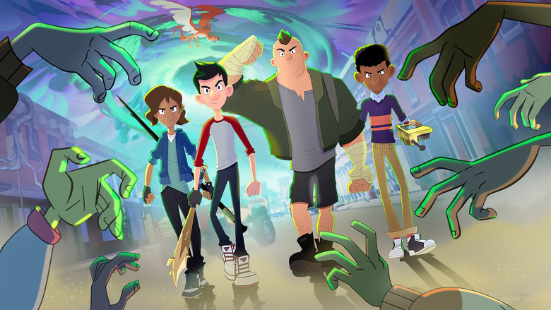 A group of kids in a brightly lit tree house, surrounded by makeshift defenses and video game posters, looking out at a ruined cityscape.