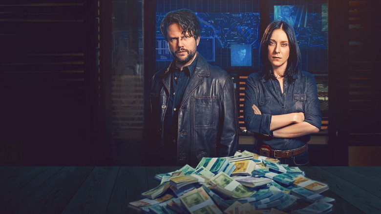 A dimly lit office, stacks of cash on a desk, hands counting bills in the shadows