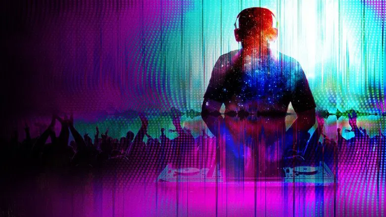 A neon-lit festival crowd pulses under strobe lights, faces blurred in the ecstasy of the moment.