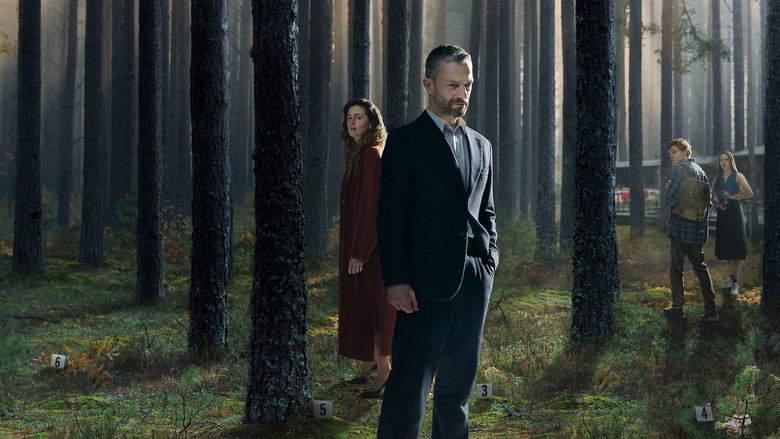 A shadowy forest path at dusk, the trees looming like silent witnesses.