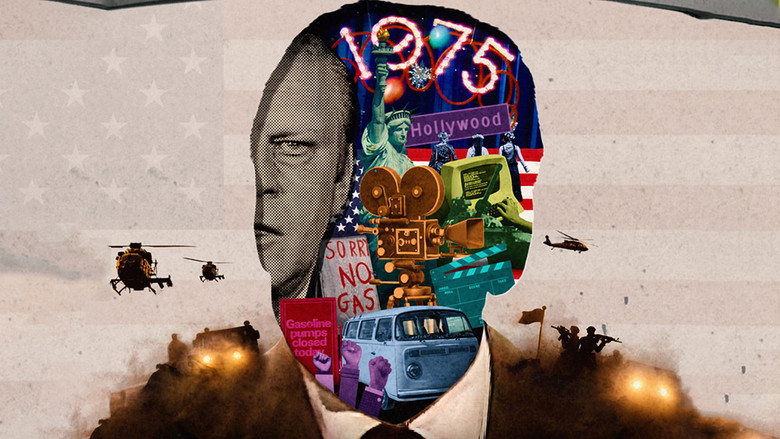 A wide shot of a chaotic movie set