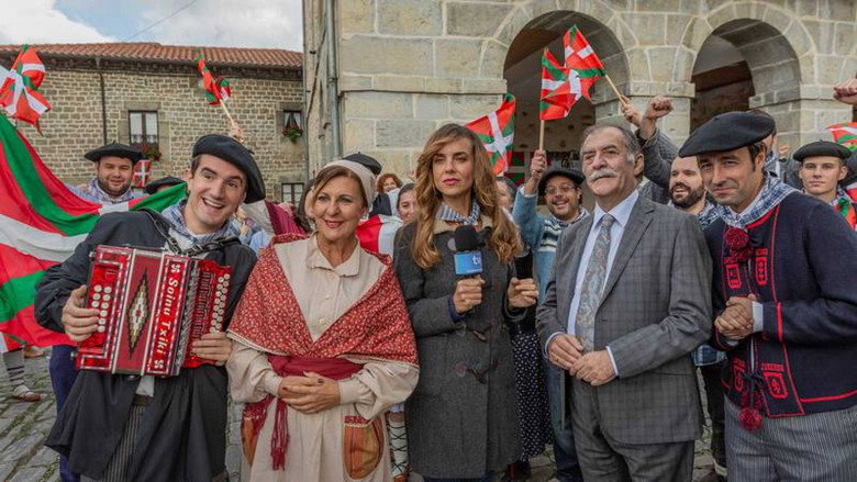 A sunlit village square, where a group of locals gather around a makeshift podium, their faces a mix of determination and bewilderment